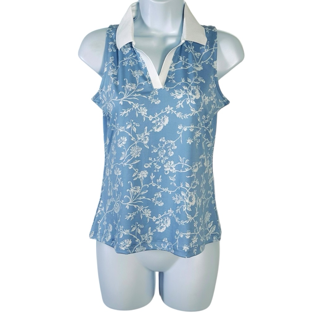 Laura Ashley Golf & Tennis Sleeveless Polo Shirt In Dainty Blue Floral Xs Nwt
